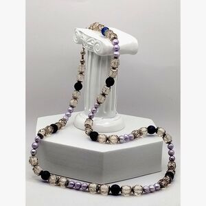 Vintage Beautiful Necklace of Acrylic Beads in Navy Blue, Lavender and Crystal